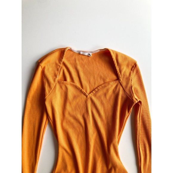 AVEC LES FILLES Orange Ribbed Knit Sweetheart Neckline Cheeky Bodysuit, Size S - Picture 4 of 13